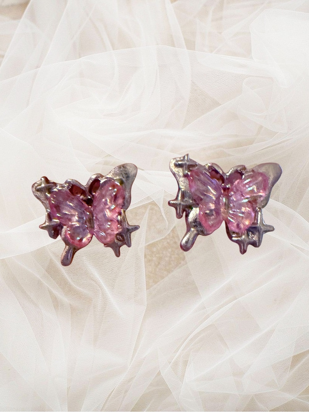 Hand Crafted Pink Iridescent Butterfly Stud Earrings